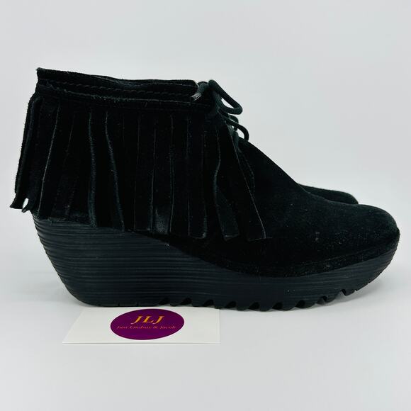 Fly London Women's Yank Black Suede Fringe Wedge Ankle Booties Size 40/ 9-9.5 US - Picture 1 of 13